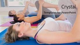  Presentation with women inventing - Beautiful presentation featuring salle de sport - women lying on floor stretching backdrop and a coral colored foreground