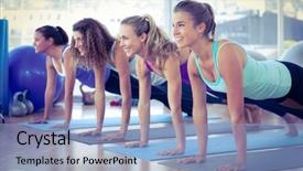  Presentation with exercise mat - PPT theme featuring salle de sport - women smiling while doing plank background and a light blue colored foreground