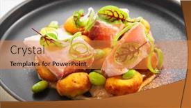  Presentation with haute cuisine - Colorful slide deck enhanced with salmon-and-cheese-croquettes-closeup backdrop and a gold colored foreground