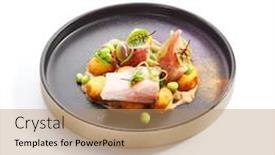  Presentation with french beans - Slide deck having salmon-and-cheese-croquettes-closeup background and a coral colored foreground