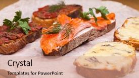  Presentation with different types of nuts - Presentation theme having salmon and cheese different type background and a coral colored foreground
