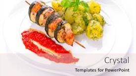  Presentation with salmon dish - Audience pleasing presentation consisting of salmon and courgette shashlik with boiled potatoes dish backdrop and a lemonade colored foreground