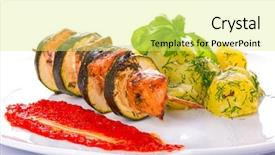 Presentation with salmon dish - Presentation theme featuring salmon and courgette shashlik with boiled potatoes dish background and a yellow colored foreground