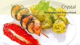  Presentation with salmon dish - Presentation enhanced with salmon and courgette shashlik with boiled potatoes dish background and a yellow colored foreground