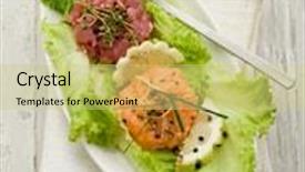  Presentation with tuna - Slides with salmon and tuna tartar with green salad background and a yellow colored foreground