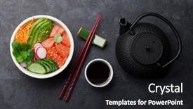  Presentation with salmon fish - PPT layouts consisting of salmon and vegetables traditional hawaii background and a dark gray colored foreground