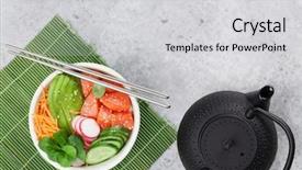  Presentation with salmon fish - Slide set featuring salmon and vegetables traditional hawaii background and a light gray colored foreground