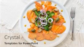  Presentation with white plate - Slide deck featuring salmon-carpaccio-and-arugula-salad background and a coral colored foreground