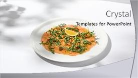  Presentation with fine dining - PPT layouts with salmon-carpaccio-with-arugula background and a white colored foreground