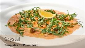  Presentation with fine dining - Presentation theme consisting of salmon-carpaccio-with-arugula background and a coral colored foreground