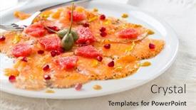  Presentation with white plate - Amazing presentation design having salmon-carpaccio-with-pink-grapefruit backdrop and a soft green colored foreground