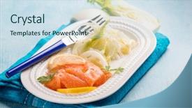  Presentation with close up fennel seed - Presentation consisting of salmon carpaccio with sliced fennel background and a sky blue colored foreground