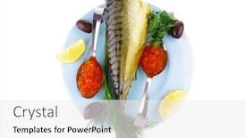 Presentation with caviar - PPT theme enhanced with salmon caviar and smoked seafish on blue plate background and a white colored foreground