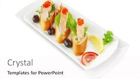  Presentation with caviar - PPT theme having salmon chunks and caviar on baguette with olives background and a white colored foreground