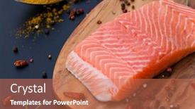 Presentation with chilli - Slide deck consisting of salmon fillet on cutting board with spices coriander chilli lemon black pepper rosemary - healthy nutrition background and a coral colored foreground
