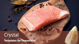  Presentation with chilli - Audience pleasing slide set consisting of salmon fillet on cutting board with spices coriander chilli lemon black pepper rosemary - healthy nutrition backdrop and a tawny brown colored foreground