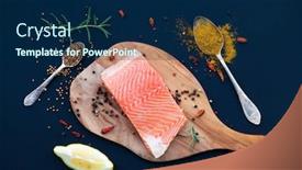  Presentation with chilli - Presentation design featuring salmon fillet on cutting board with spices coriander chilli lemon black pepper rosemary - healthy nutrition background and a navy blue colored foreground