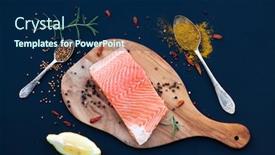  Presentation with chilli - Colorful slides enhanced with salmon fillet on cutting board with spices coriander chilli lemon black pepper rosemary - healthy nutrition backdrop and a navy blue colored foreground