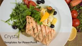  Presentation with white healthy food - PPT theme featuring salmon fillet steak in white plate healthy food style background and a coral colored foreground