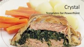  Presentation with puff pastry - Colorful presentation theme enhanced with salmon fillet stuffed with a spinach mixture and encased in puff pastry served with boiled new potatoes and julienned carrots backdrop and a lemonade colored foreground