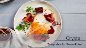  Presentation with passion fruit - Colorful theme enhanced with salmon-fillet-with-beet backdrop and a light gray colored foreground