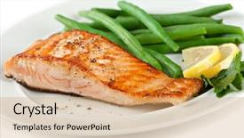  Presentation with green plate - Audience pleasing theme consisting of salmon fillet with green beans backdrop and a coral colored foreground