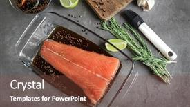  Presentation with salmon dish - Theme having salmon fillet with soy mustard background and a tawny brown colored foreground