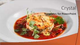  Presentation with food fish - Audience pleasing PPT theme consisting of salmon-fish-cake-with-tomato backdrop and a light gray colored foreground