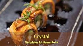  Presentation with fusion - PPT theme consisting of salmon-foie-gras-roll-fusion background and a tawny brown colored foreground