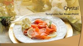  Presentation with salmon dish - Presentation with salmon on dish on christmas table background and a yellow colored foreground
