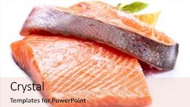  Presentation with salmon fish - PPT theme featuring salmon raw fillet red fish background and a coral colored foreground