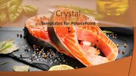  Presentation with food fish - Amazing slide set having salmon raw trout red fish steak served with herbs and lemon and olive oil on slate cooking salmon sea food healthy eating concept backdrop and a gold colored foreground