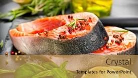  Presentation with mediterranean food herbs - Colorful PPT theme enhanced with salmon raw trout red fish steak served with herbs lemon and olive oil on slate cooking salmon sea food healthy eating concept mediterranean cuisine backdrop and a yellow colored foreground