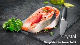  Presentation with mediterranean food herbs - Cool new slide set with salmon raw trout red fish steak served with herbs lemon and olive oil on slate cooking salmon sea food healthy eating concept mediterranean cuisine backdrop and a dark gray colored foreground