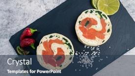  Presentation with salmon dish - Slides with salmon-roll-with-mozzarella-semi background and a ocean colored foreground