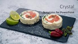  Presentation with salmon dish - PPT theme enhanced with salmon-roll-with-mozzarella-semi background and a light gray colored foreground