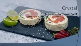  Presentation with salmon dish - PPT theme consisting of salmon-roll-with-mozzarella-semi background and a light blue colored foreground