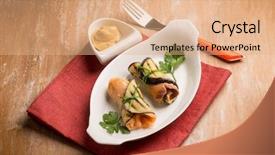  Presentation with eggplant - Colorful slide set enhanced with salmon rolled up with eggplant and mustard backdrop and a coral colored foreground