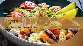  Presentation with white cheese - PPT theme consisting of salmon-salad-smoked-salmon-white background and a gold colored foreground