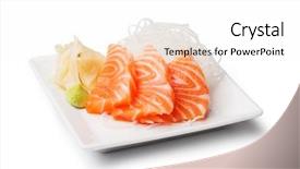  Presentation with white plate - Audience pleasing theme consisting of salmon sashimi with withe plate backdrop and a white colored foreground