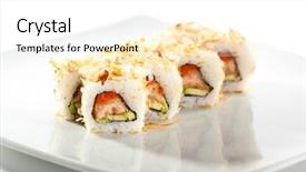  Presentation with set of sushi salmon - PPT theme with salmon skin maki sushi - roll with salmon skin cucumber and avocado inside grilled sliced tuna outside background and a white colored foreground