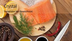  Presentation with salmon fish - Presentation design with salmon spices and condiments background and a coral colored foreground
