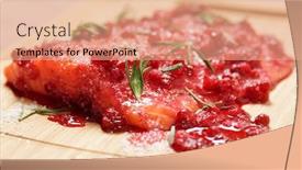  Presentation with steak - Presentation theme featuring salmon steak being marinated in salt with rosemary and redberries close-up background and a coral colored foreground