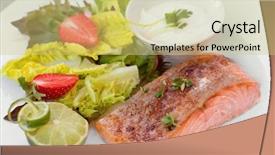  Presentation with salmon dish - Presentation design enhanced with salmon steak in white dish with vegetables background and a yellow colored foreground