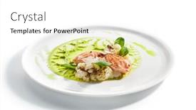  Presentation with salmon dish - PPT theme enhanced with salmon steak on plate closeup red fish piece with green pea puree and cauliflower salmon with creamy sauce and vegetables isolated on white background restaurant tasty dish cooked healthy meal background and a white colored foreground