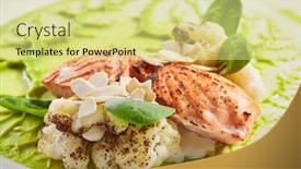  Presentation with salmon dish - Colorful presentation design enhanced with salmon steak on plate closeup red fish piece with green pea puree and cauliflower salmon with creamy sauce and vegetables isolated on white background restaurant tasty dish cooked healthy meal backdrop and a blonde colored foreground