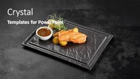  Presentation with minimal - Theme featuring salmon-steak-with-baked-potatoes background and a dark gray colored foreground