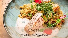  Presentation with salmon - Presentation having salmon-steak-with-rice background and a lemonade colored foreground