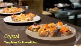  Presentation with tapas - PPT layouts consisting of salmon tapas on open kitchen background and a tawny brown colored foreground