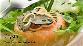  Presentation with salmon - Slide set consisting of salmon tartar with truffle and arugula salad background and a gold colored foreground